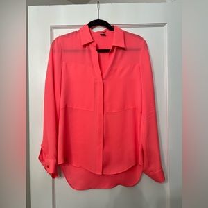 Theory neon pink silk button front blouse size small